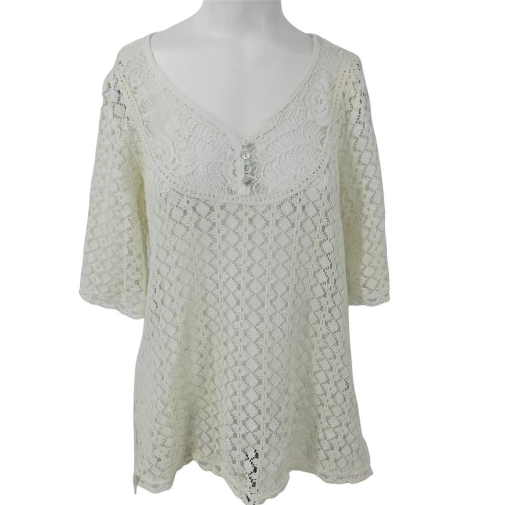 Pleione Sheer Lace Shirt Size S Crochet Knit Boho Peasant  Shell Fringe Button